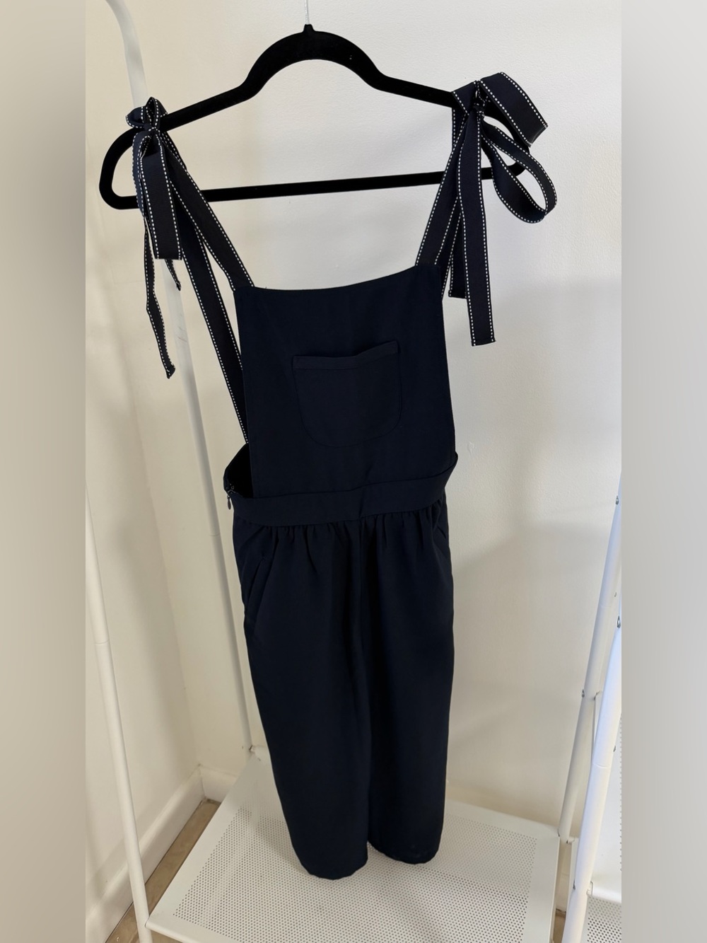 Navy Tie-Shoulder Jumpsuit with Front Pocket